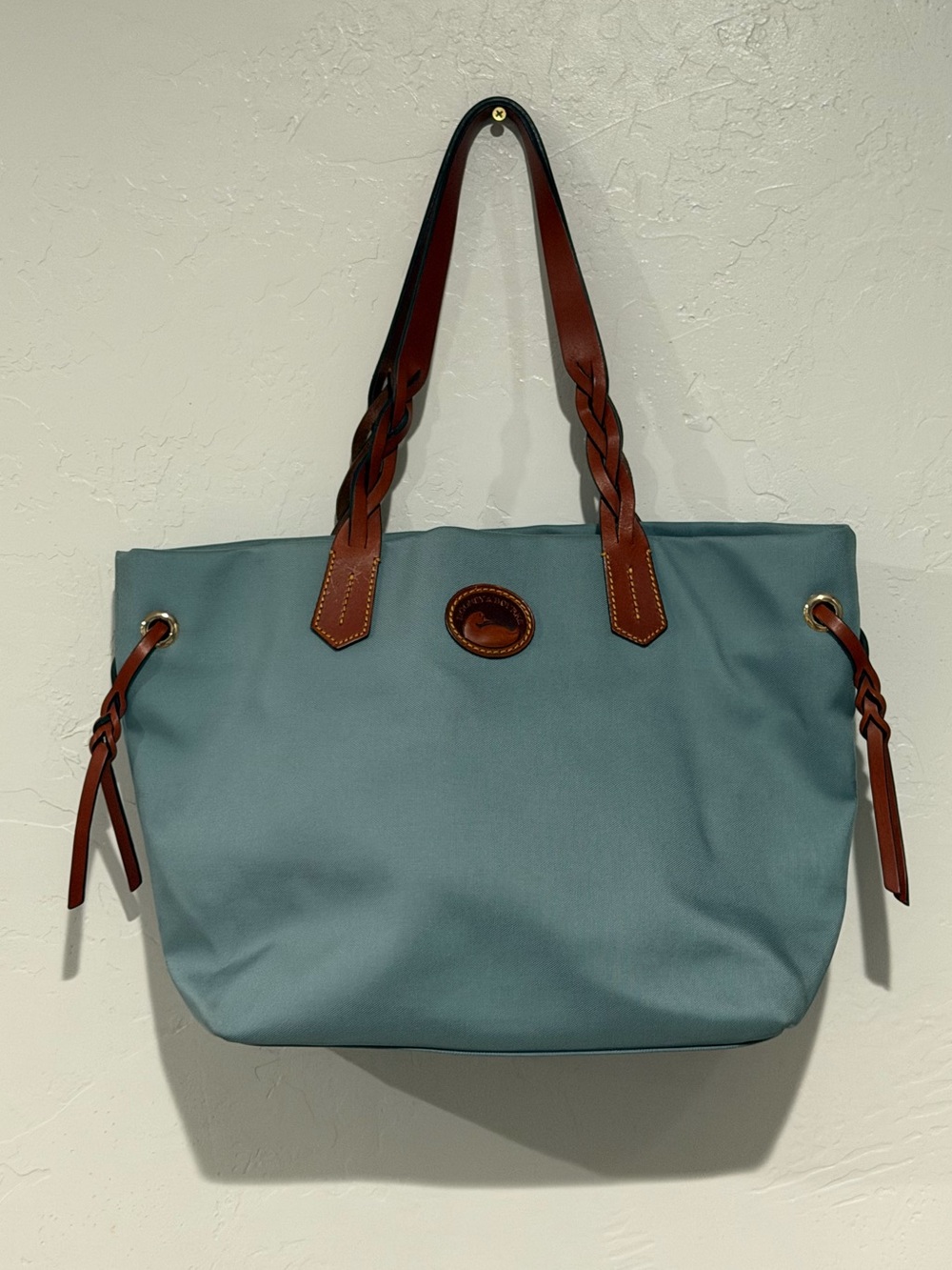 Dooney & Bourke Blue Nylon Tote Bag Braided Leather Straps Red Lining Large - Picture 1 of 13